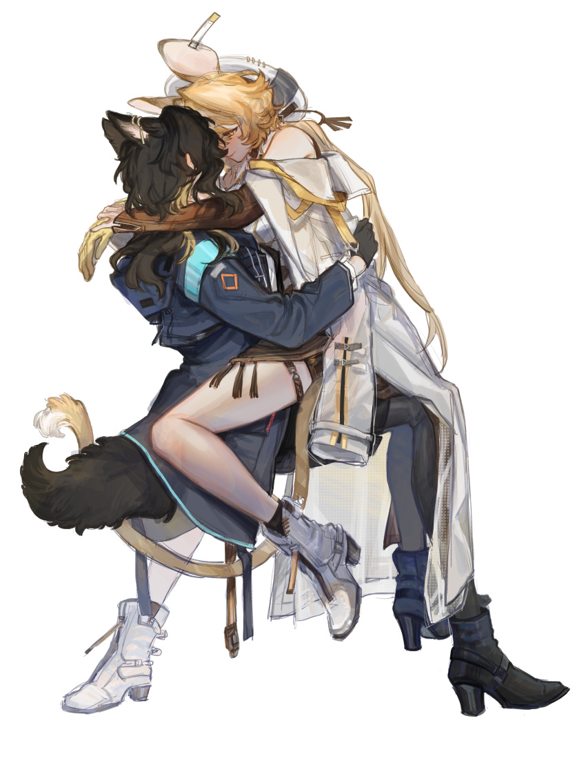 2girls absurdres animal_ears arknights arm_around_neck black_footwear black_gloves black_pantyhose blonde_hair blue_coat boots closed_mouth coat commentary doctor_(arknights) dog_ears dog_girl dog_tail dorothy_(arknights) english_commentary female_doctor_(arknights) full_body gloves high_heel_boots high_heels highres long_sleeves mouse_ears mouse_girl mouse_tail multiple_girls off_shoulder pantyhose sashimi_kimochi sitting sitting_on_lap sitting_on_person smile tail white_coat white_footwear yuri