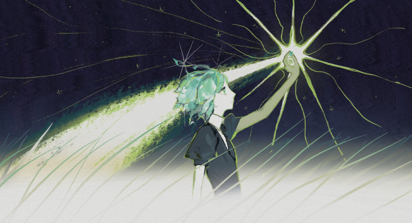 1other androgynous comet crystal_hair gem_uniform_(houseki_no_kuni) glowing glowing_hair golden_arms green_eyes grey_hair highres houseki_no_kuni other_focus phosphophyllite shards sky standing star_(sky) starry_sky zimazhima