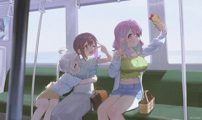 3girls blue_hair brown_hair cellphone chilakkk grey_hair highres holding holding_phone hozuki_kaede large_pectorals midriff multicolored_hair multiple_girls onii-chan_wa_oshimai! oyama_mahiro oyama_mihari pectorals phone pink_hair selfie siblings sisters train_interior two-tone_hair