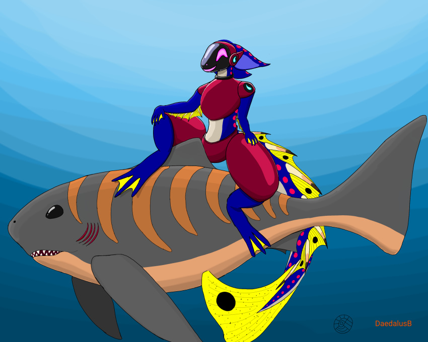 daedalusb fish glowing glowing_eyes hi_res machine marine protogen riding_on_back shark spiked_tail spikes spikes_(anatomy) striped_body stripes tail underwater water