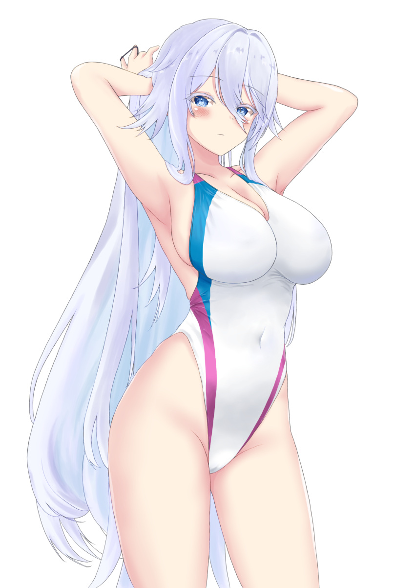 1girl armpits arms_behind_head azur_lane blue_eyes breasts cleavage commission competition_swimsuit covered_navel cowboy_shot highleg highleg_swimsuit highres large_breasts long_hair multicolored_clothes multicolored_swimsuit namako32 one-piece_swimsuit pixiv_commission presenting_armpit solo sovetsky_soyuz_(azur_lane) swimsuit very_long_hair white_hair white_one-piece_swimsuit