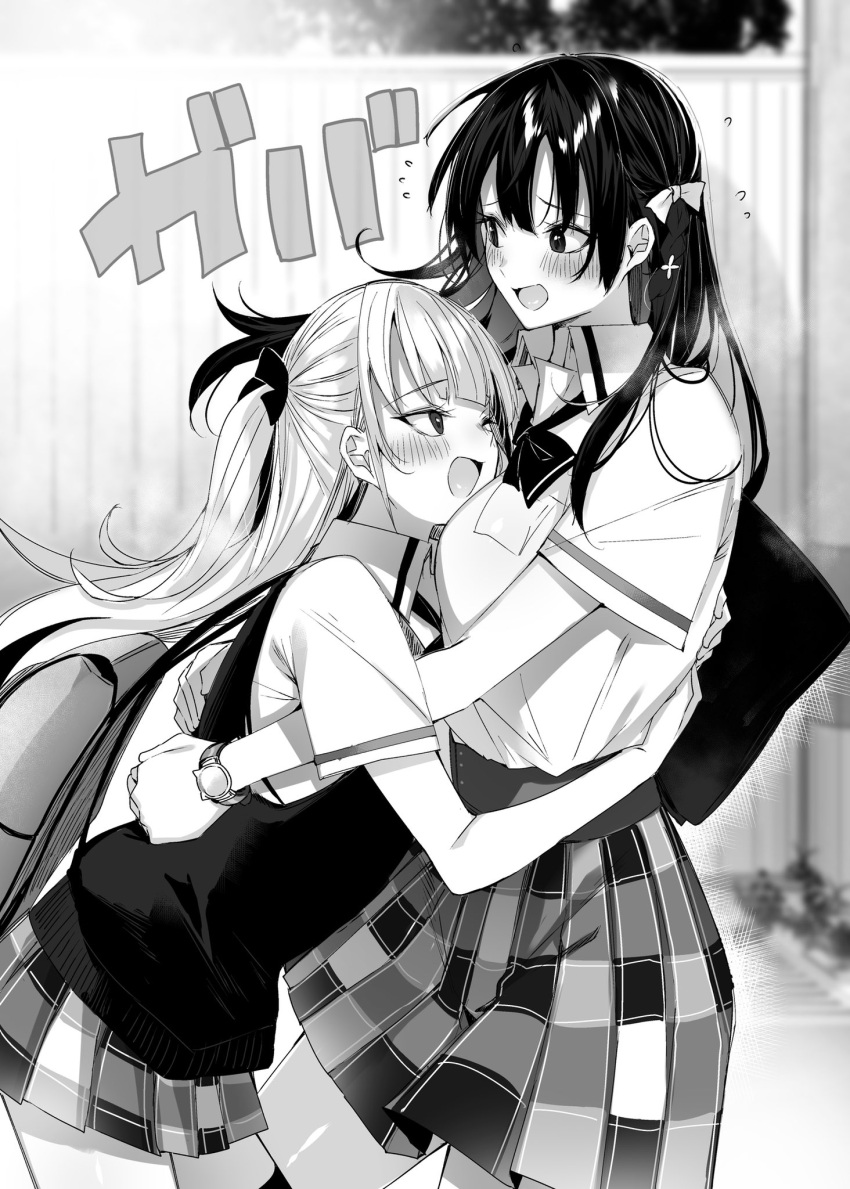 2girls bag blurry blurry_background bow bowtie breasts cardigan collared_shirt commentary_request depth_of_field face_to_breasts flying_sweatdrops greyscale hair_bow highres hitotsuba_kaede hug kakao_(chocolate_land) large_breasts long_hair miyamoto_yui monochrome multiple_girls novel_illustration official_art open_mouth outdoors plaid plaid_skirt ryoushin_no_shakkin school_bag school_uniform shiny_skin shirt skirt thighhighs translation_request two_side_up watch wing_collar wristwatch zettai_ryouiki