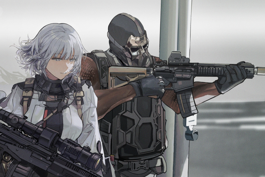1girl ai-assisted assault_rifle black_gloves breasts call_of_duty call_of_duty:_modern_warfare_3 closed_mouth commentary crossover english_commentary gas_mask girls'_frontline gloves grey_eyes grey_hair gun highres holding holding_gun holding_weapon johnny63129616 light_machine_gun light_smile long_sleeves mask rifle rpk-16 rpk-16_(girls'_frontline) scope short_hair tactical_clothes upper_body weapon