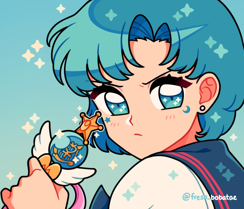 1girl bishoujo_senshi_sailor_moon blue_background blue_eyes blue_hair blue_sailor_collar close-up earrings emily_kim highres jewelry juuban_middle_school_uniform magical_girl mercury_symbol mizuno_ami sailor_collar sailor_mercury school_uniform shirt short_hair simple_background sparkle sparkling_eyes sticker_on_face twitter_username white_shirt