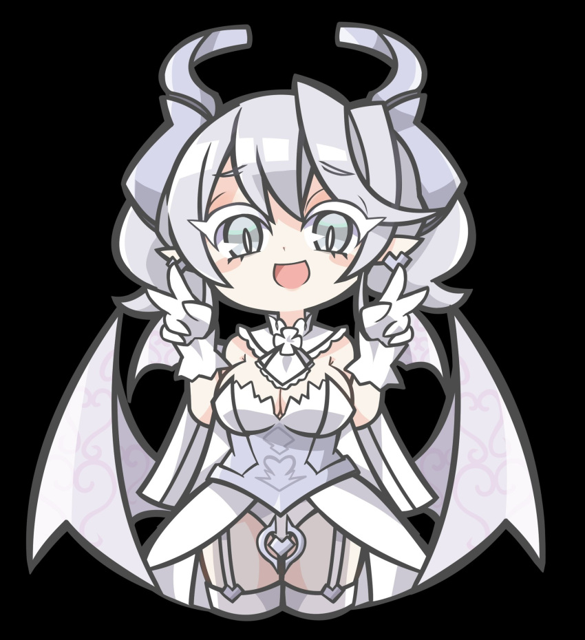 1girl bare_shoulders black_background blush_stickers breasts chibi cleavage commentary_request cowboy_shot demon_girl demon_horns demon_wings double_v dress duel_monster earrings garter_straps gloves grey_eyes grey_hair highres horns jewelry looking_at_viewer lovely_labrynth_of_the_silver_castle low_wings medium_hair multiple_wings open_mouth oquri pointy_ears see-through see-through_dress simple_background slit_pupils smile solo strapless strapless_dress thighhighs tongue v white_gloves white_thighhighs wings yu-gi-oh!