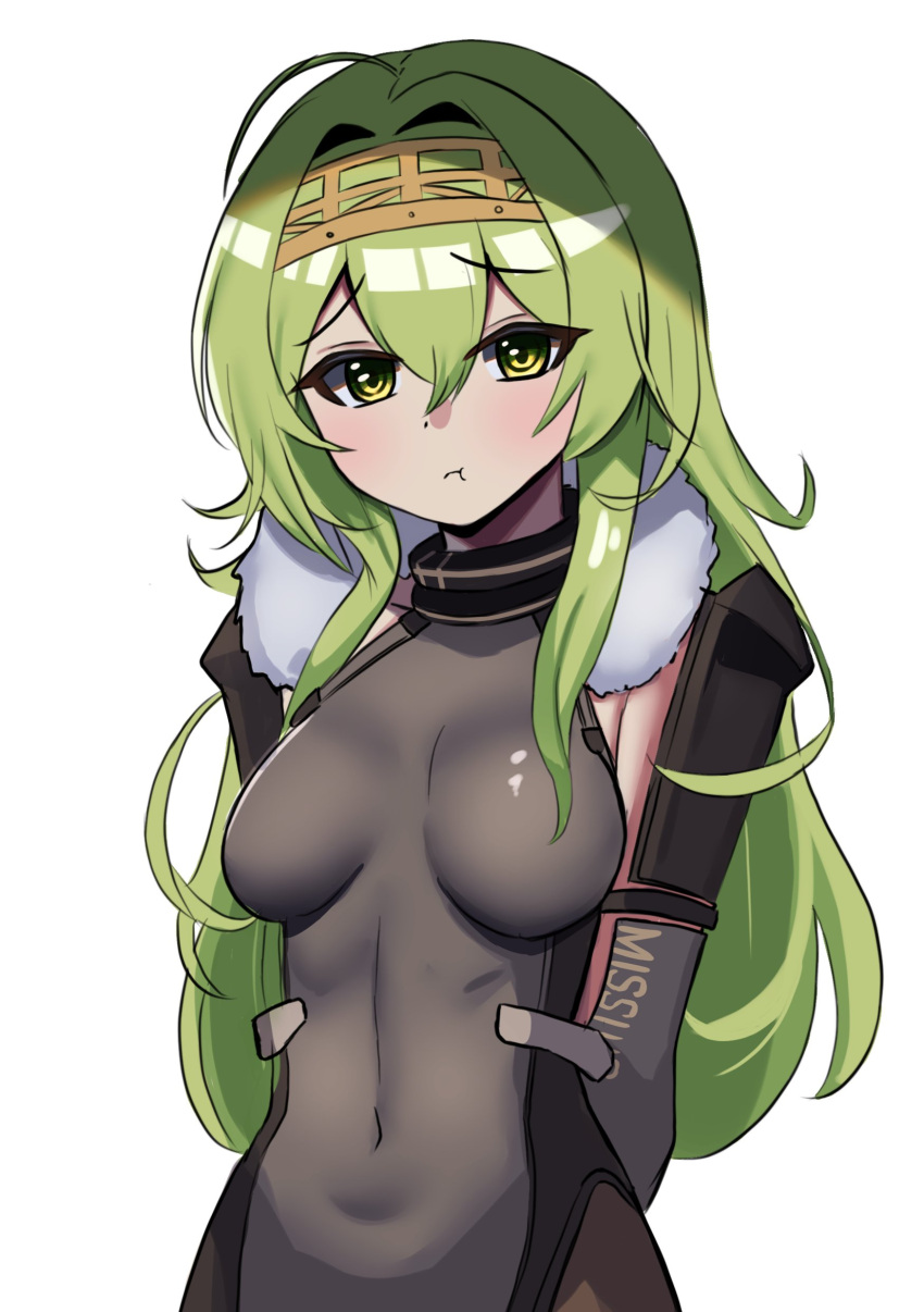 1girl absurdres ahoge arms_behind_back black_bodysuit black_ribbon bodysuit breasts fur_collar goddess_of_victory:_nikke green_hair hair_ribbon hairband highres iog626 kilo_(nikke) light_blush long_hair long_sleeves medium_breasts pout ribbon simple_background skin_tight solo white_background yellow_eyes