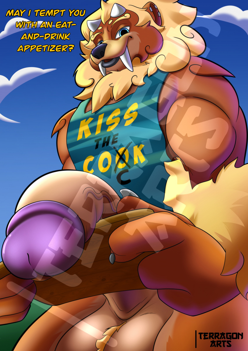 absurd_res anthro apron asian_mythology balls big_balls big_penis bulky clothing east_asian_mythology foo_dog genitals hi_res horn huge_balls huge_penis male mammal muscular muscular_male mythology penis sabertooth silly solo terragon text text_on_clothing tray yama