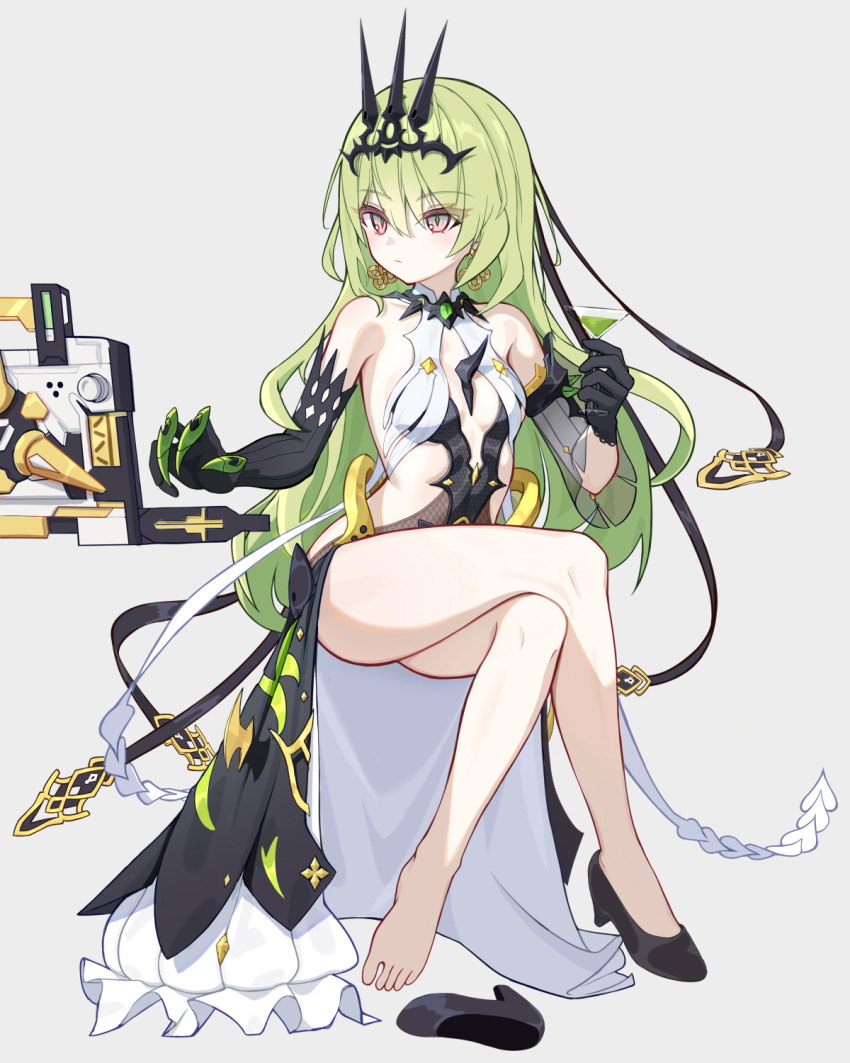 1girl asymmetrical_gloves bare_shoulders black_footwear black_gloves breasts closed_mouth crossed_legs crown dated_commentary dress earrings full_body gloves green_eyes green_hair grey_background high_heels highres honkai_(series) honkai_impact_3rd invisible_chair jewelry long_hair mismatched_gloves mobius_(honkai_impact) shimizu_(user_hfph8235) shoes simple_background single_shoe sitting slit_pupils small_breasts solo toes white_dress