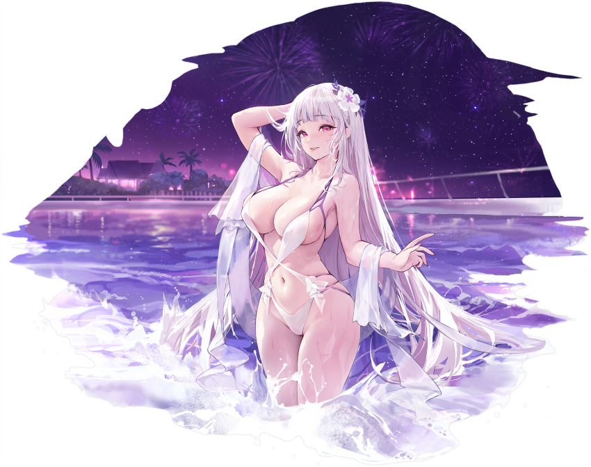 1girl arm_up armpits azur_lane breasts charles_(106858) cleavage fireworks flower grey_hair hair_flower hair_ornament highres large_breasts long_hair looking_at_viewer navel night night_sky non-web_source official_alternate_costume official_art one-piece_swimsuit parted_lips pool purple_eyes skindentation sky smile solo standing swimsuit very_long_hair wading water wet white_one-piece_swimsuit yorck_(azur_lane) yorck_(late-night_companion)_(azur_lane)