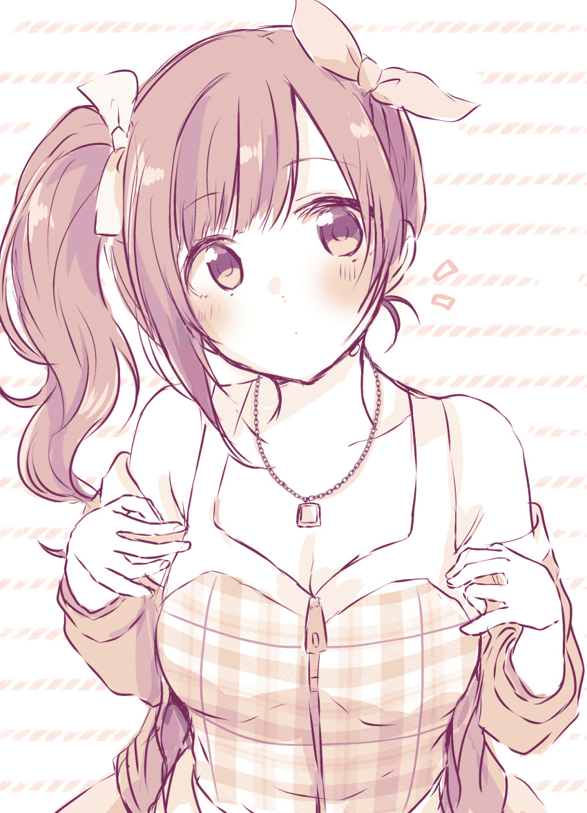1girl absurdres baran._(ba_ra_ran) bare_shoulders blush breasts cleavage closed_mouth collarbone dot_mouth highres idolmaster idolmaster_cinderella_girls igarashi_kyoko jacket jacket_partially_removed long_hair looking_at_viewer medium_breasts monochrome notice_lines open_clothes open_jacket plaid plaid_shirt shirt side_ponytail sidelocks sleeveless sleeveless_shirt solo upper_body white_background zipper