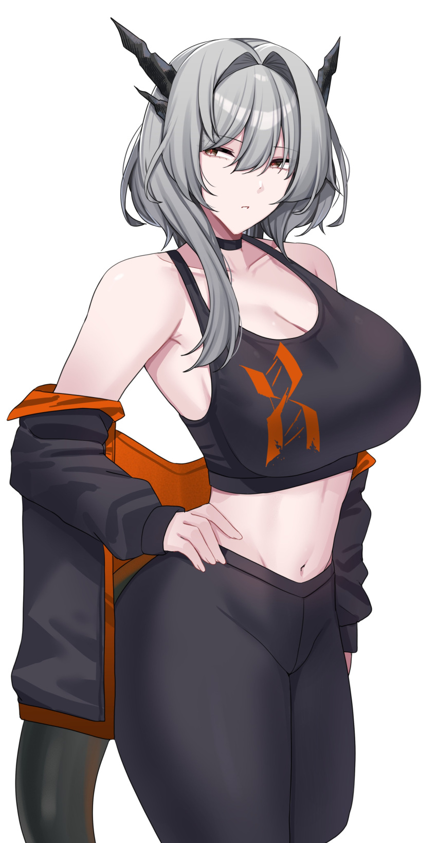 1girl absurdres arknights bare_shoulders black_choker black_jacket black_pants choker commentary cowboy_shot crop_top grey_eyes grey_hair hair_intakes highres horns jacket kanta_(kanta_077) leggings long_hair long_sleeves looking_at_viewer midriff navel off_shoulder pants reunion_logo_(arknights) solo sports_bra standing stomach tail talulah_(arknights) thighs