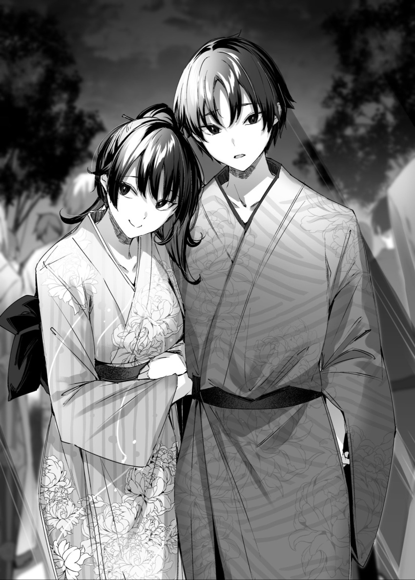 1boy 1girl arm_hug blurry breasts closed_mouth collarbone commentary_request depth_of_field floral_print floral_print_kimono greyscale head_tilt highres hitotsuba_kaede japanese_clothes kakao_(chocolate_land) kimono long_hair looking_at_viewer looking_to_the_side monochrome multiple_others novel_illustration official_art parted_lips ponytail ryoushin_no_shakkin second-party_source short_hair sideways_glance sky smile tree yoshizumi_yuya