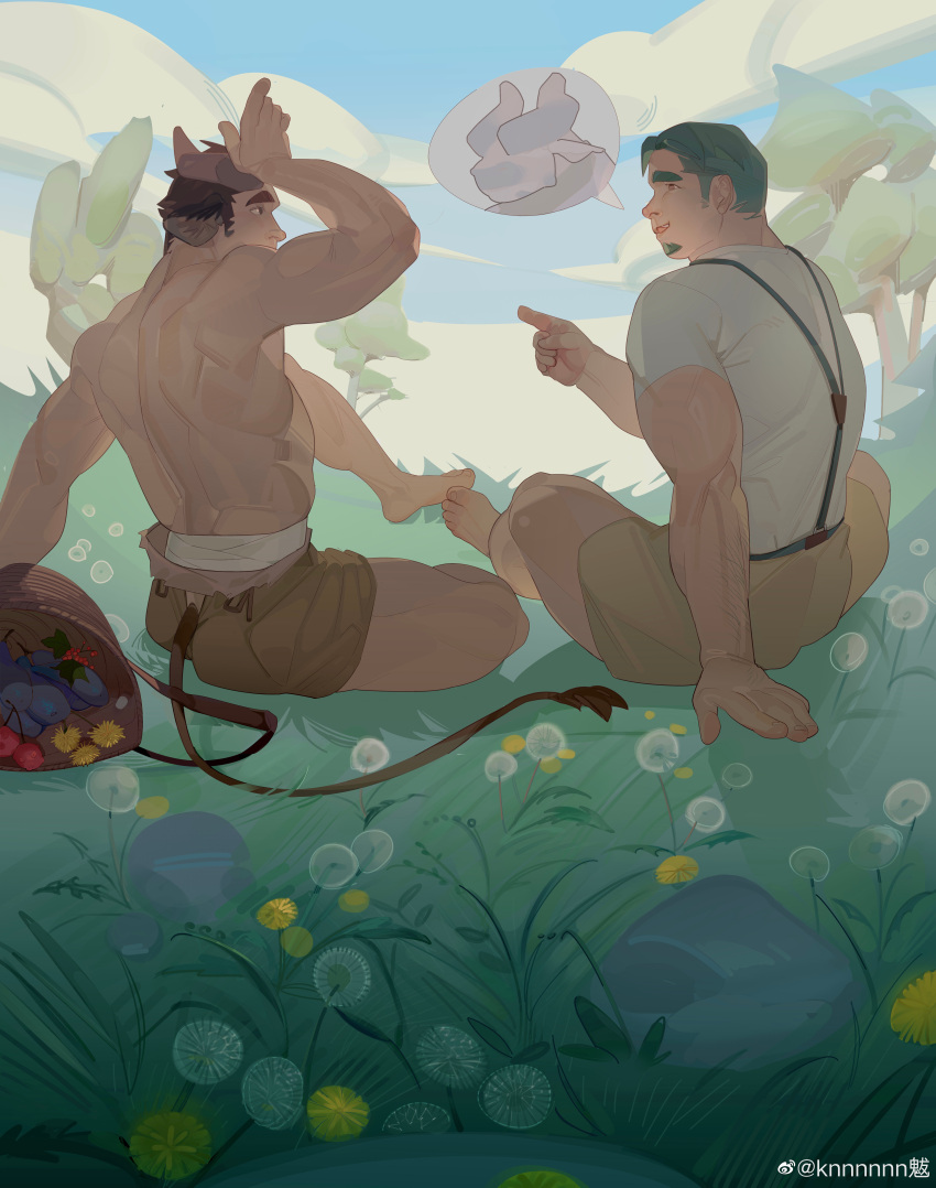 2boys absurdres animal_ears bara couple cow_boy cow_ears cow_horns cow_tail dragon_(kn) facial_hair from_behind goatee grass green_hair highres horns huge_eyebrows kn_(10112650) male_focus midriff_sarashi multiple_boys muscular muscular_male nature oc_(kn) original sarashi short_hair sitting spoken_character tail talking topless_male touching_another's_feet yaoi