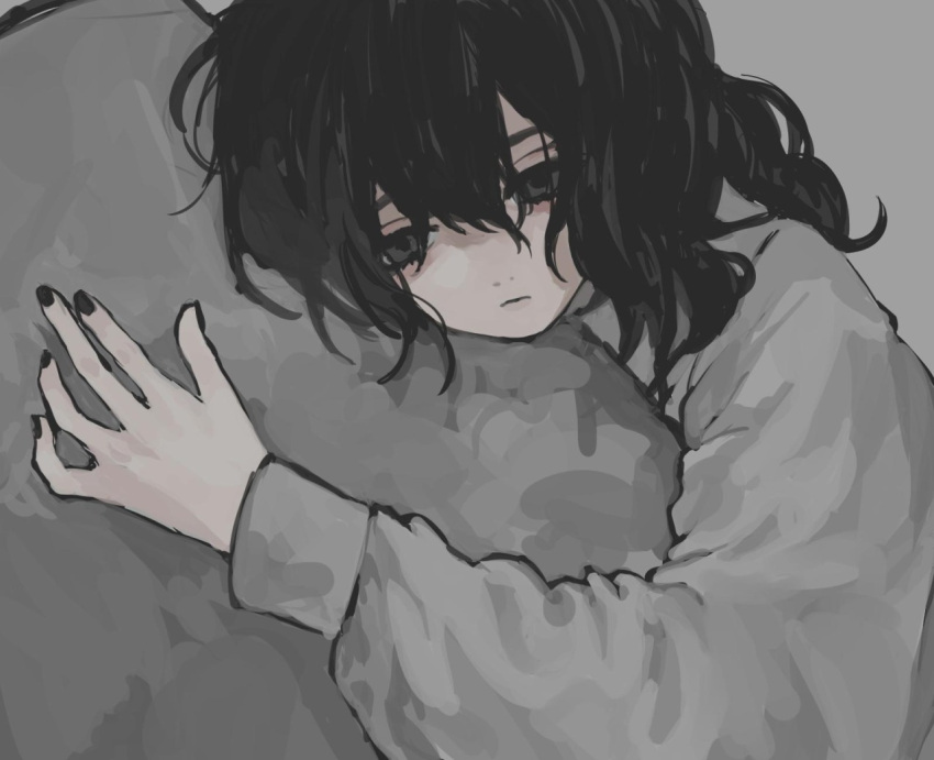 1girl artist_request black_eyes black_hair black_nails closed_mouth depressed expressionless grey_sweater hair_between_eyes long_hair long_sleeves nail_polish original solo sweater third-party_source upper_body