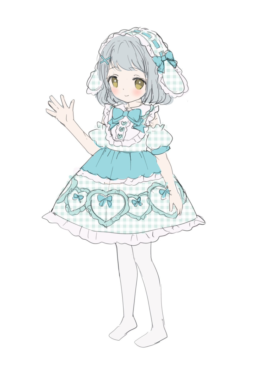 1girl animal_ears blue_bow blue_dress blue_hairband blush bow brown_eyes chitosezaka_suzu closed_mouth commentary_request dress fake_animal_ears frilled_dress frills full_body grey_hair hair_ornament hairband hand_up highres looking_at_viewer no_shoes original pantyhose plaid plaid_dress plaid_hairband plaid_sleeves puffy_short_sleeves puffy_sleeves rabbit_ears ribbon-trimmed_hairband short_sleeves simple_background sleeveless sleeveless_dress smile solo standing white_background white_pantyhose x_hair_ornament