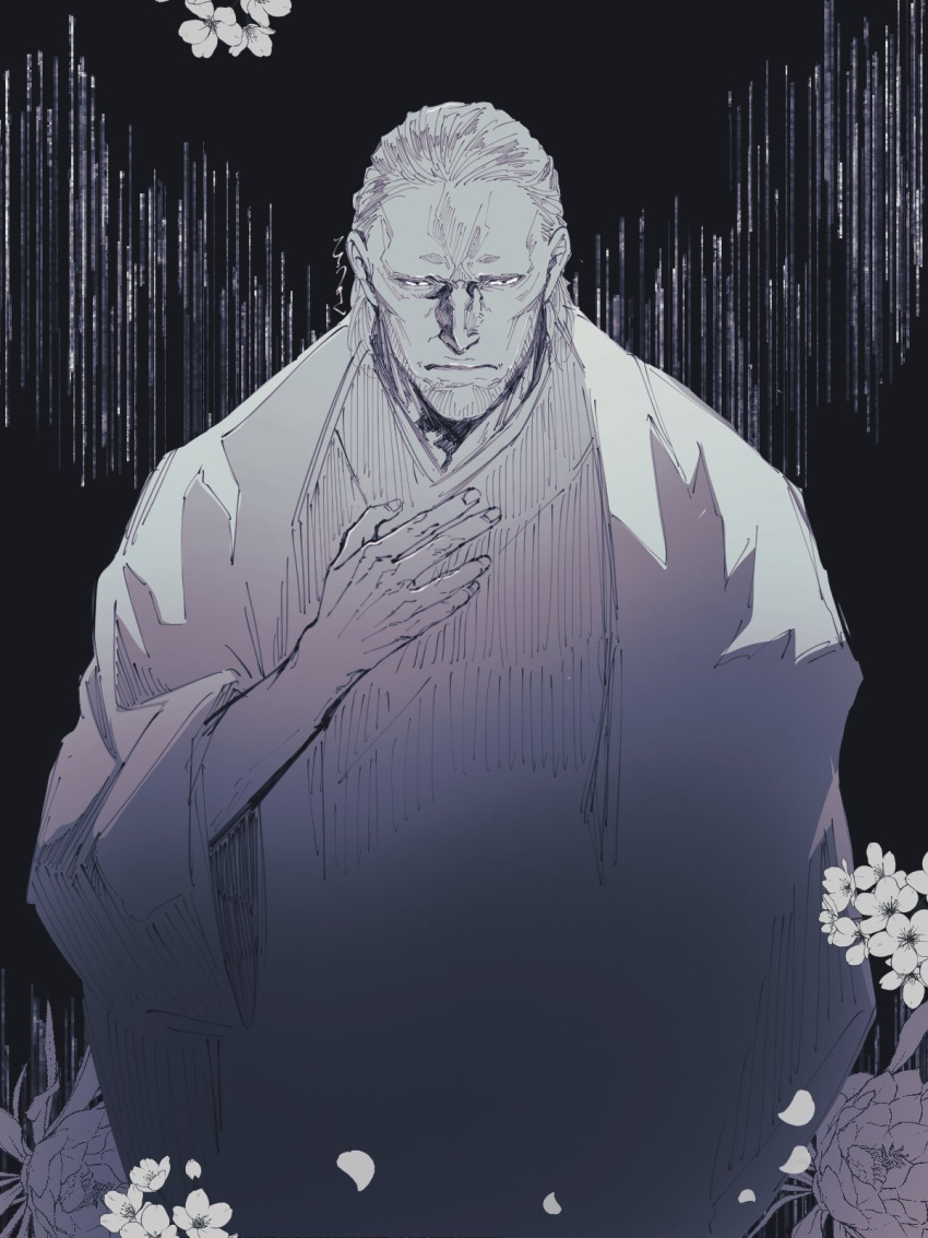 1boy akane-banashi arakawa_taizen facial_hair flower forehead greyscale hand_up highres japanese_clothes kimono monochrome petals short_hair solo souki1203 stubble