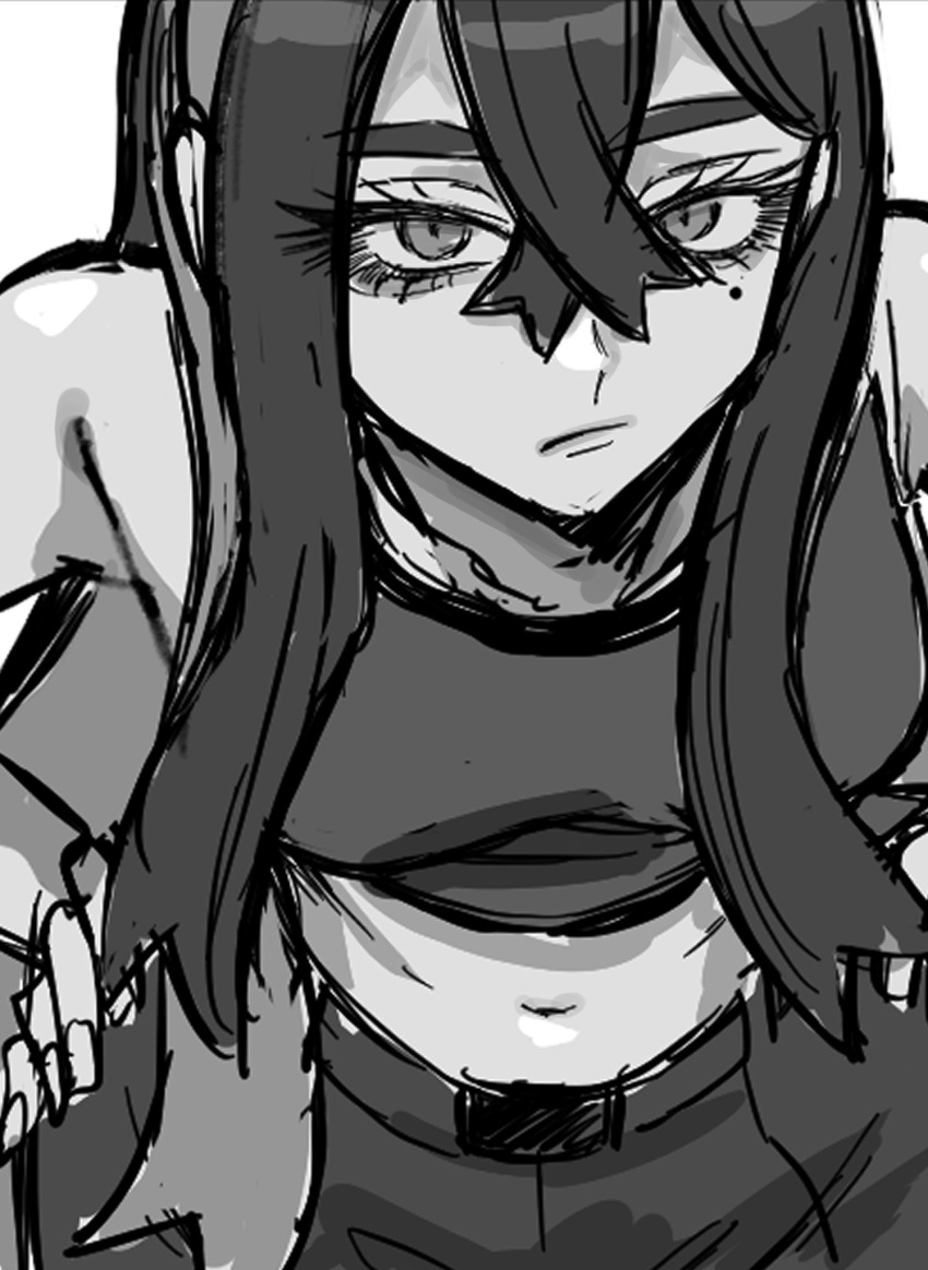 1girl bare_shoulders carmine_(pokemon) closed_mouth cropped_shirt crossed_bangs fujikonbu hair_between_eyes hands_on_own_hips highres long_hair looking_at_viewer midriff mole mole_under_eye monochrome navel pokemon pokemon_sv shirt sleeveless sleeveless_shirt solo upper_body