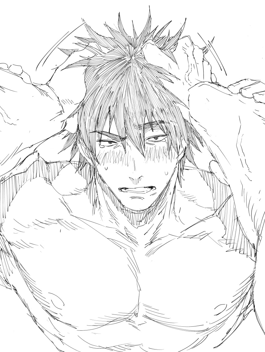 2boys absurdres ao_isami bara blush greyscale hand_in_another's_hair highres looking_at_viewer male_focus monochrome multiple_boys nipples nude official_alternate_hairstyle pectorals pov_adoring short_hair sketch solo_focus tearing_up thick_eyebrows toned toned_male upper_body veins veiny_arms yaoi yuuki_bakuhatsu_bang_bravern zanki