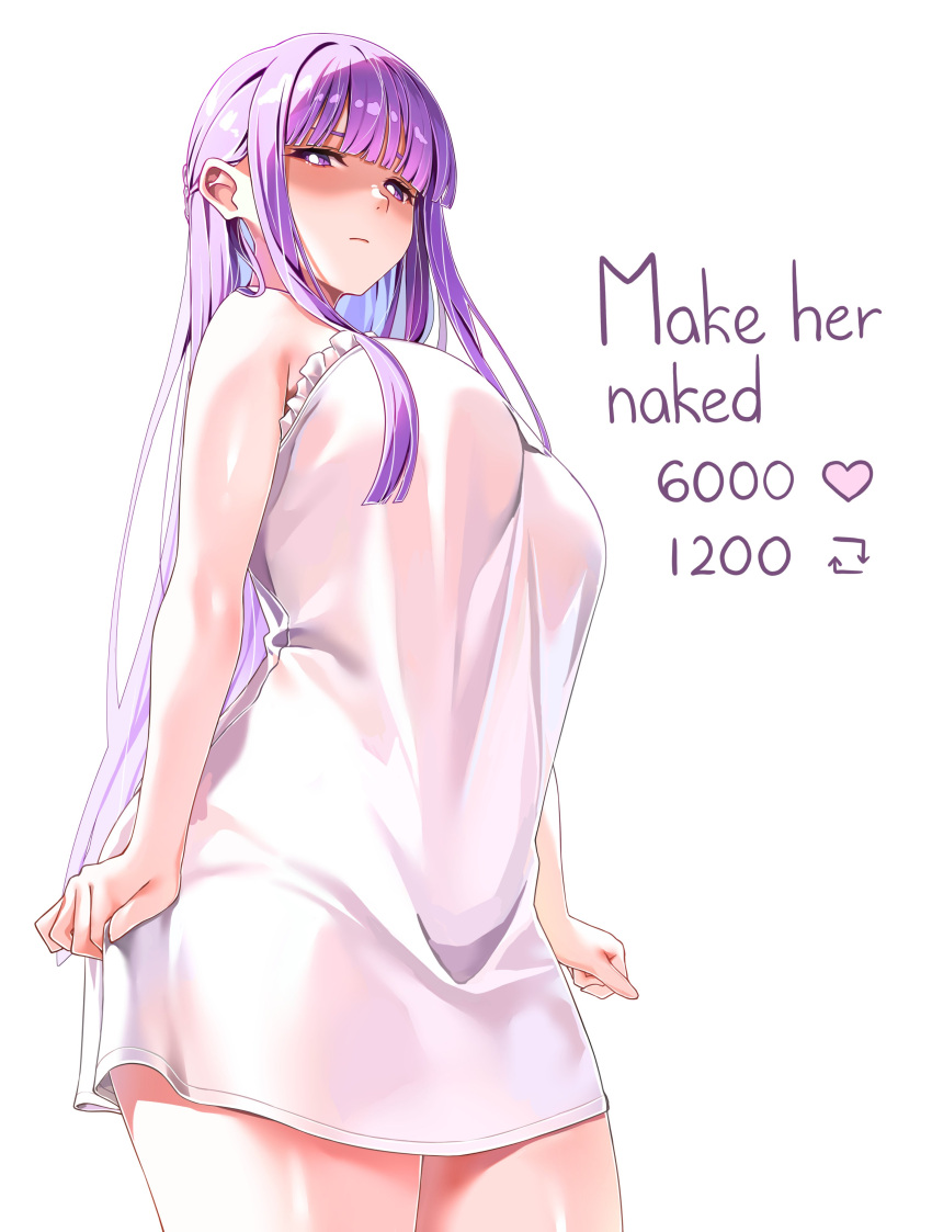 1girl absurdres arms_at_sides bare_shoulders blunt_bangs breasts bright_pupils closed_mouth commentary dress english_text fern_(sousou_no_frieren) highres large_breasts like_and_retweet long_hair looking_at_viewer looking_down machulanko meme purple_eyes purple_hair shaded_face short_dress sleeveless sleeveless_dress solo sousou_no_frieren twitter_strip_game_(meme) unamused very_long_hair white_dress white_pupils