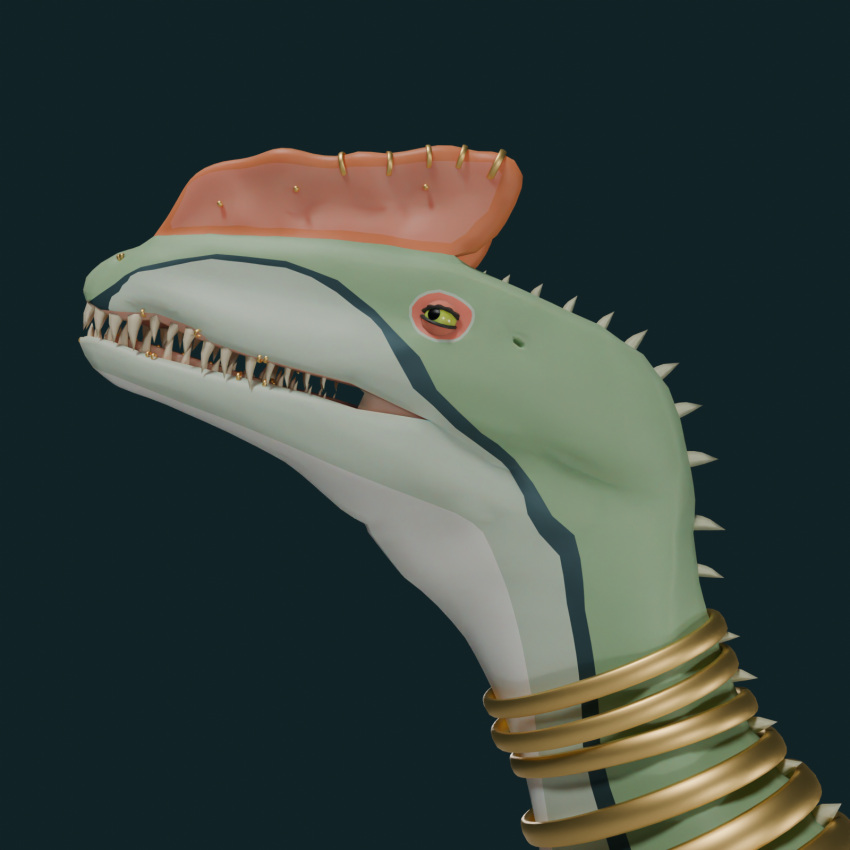 blue_highlights collar countershading dilophosaurid dilophosaurus dinosaur facial_piercing female feral green_body head_crest hi_res highlights_(coloring) light_belly lip_piercing mercymej multiple_piercings neckband neckwear nose_piercing orange_crest piercing reptile scalie sharp_teeth solo spikes teeth theropod unfinished yellow_eyes