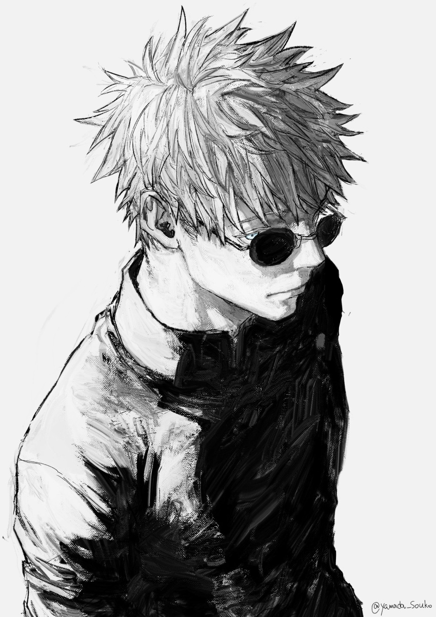 1boy black_jacket blue_eyes closed_mouth expressionless gojou_satoru highres jacket jujutsu_kaisen jujutsu_tech_uniform kuwoniagyu11112 long_sleeves looking_at_viewer male_focus monochrome simple_background solo sunglasses twitter_username upper_body white_background white_hair