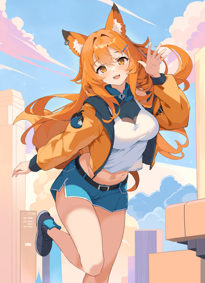 1girl absurdres animal_ears bare_legs bare_shoulders belt black_footwear blue_shorts breasts cityscape cleavage crop_top crop_top_overhang day fox_ears fox_girl fox_tail hair_ornament hairclip hand_up highres jacket leg_up long_hair long_sleeves looking_at_viewer medium_breasts midriff mushpz navel off_shoulder open_clothes open_jacket open_mouth orange_eyes orange_hair orange_jacket original outdoors see-through see-through_cleavage shirt shoes short_shorts shorts sleeveless sleeveless_shirt smile solo standing standing_on_one_leg stomach tail thighs very_long_hair white_shirt