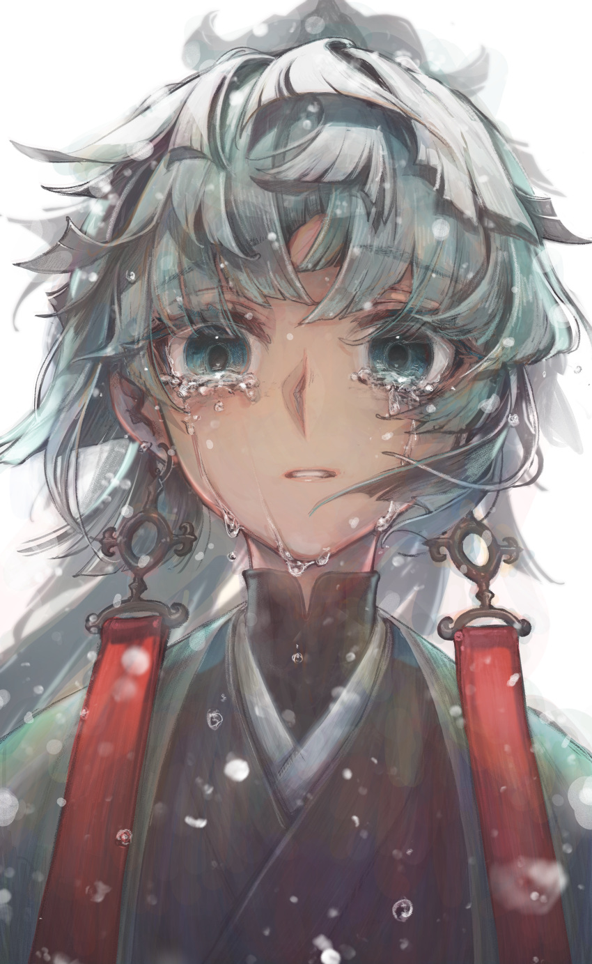 1girl absurdres aqua_hakama aqua_haori black_kimono bodysuit crying crying_with_eyes_open earrings ena1215 fate/grand_order fate/samurai_remnant fate_(series) green_eyes green_hakama green_haori green_kimono hakama highres japanese_clothes jewelry kimono kishimen_hair long_hair looking_at_viewer sidelocks solo tearing_up tears turtleneck turtleneck_bodysuit yui_shousetsu_(fate) yui_shousetsu_(second_ascension)_(fate)