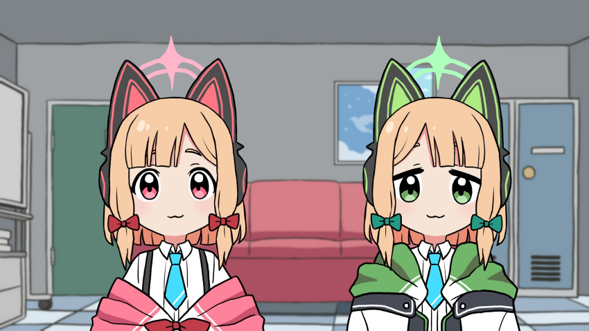 2girls :3 animal_ear_headphones animal_ears arms_at_sides blonde_hair blue_archive blue_necktie blurry blurry_background bow cat_ear_headphones coat coat_partially_removed collared_shirt couch fake_animal_ears green_bow green_eyes green_hood hair_bow headphones highres hood hood_down hooded_coat indoors light_blush locker looking_at_viewer low-tied_sidelocks midori_(blue_archive) momoi_(blue_archive) multiple_girls multiple_hair_bows necktie parody pink_eyes red_bow romance_no_kamisama shirt short_hair siblings side-by-side sisters suspenders tareme upper_body washin white_coat white_shirt whiteboard