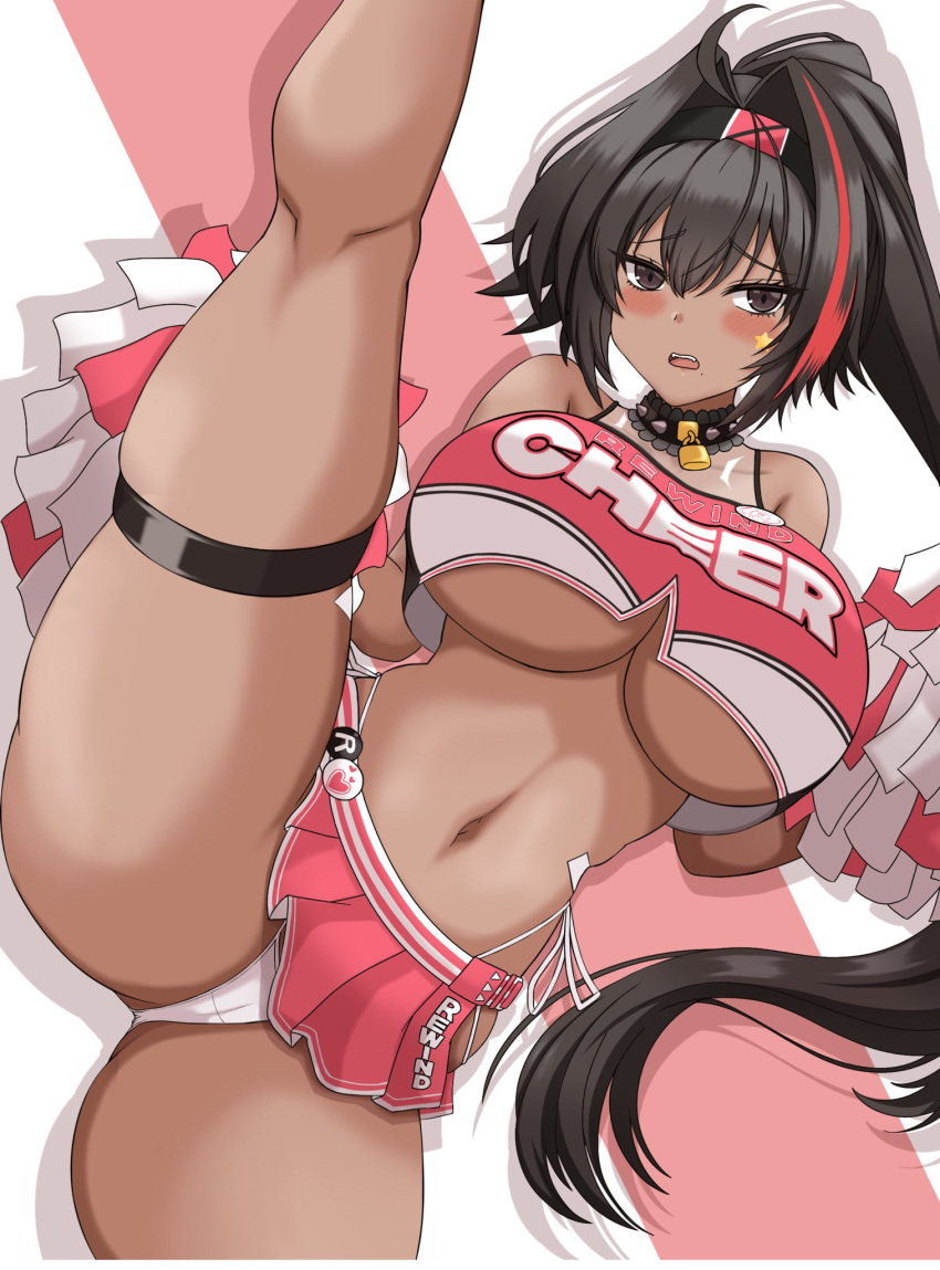 ahoge bay_(nikke) black_hair blush breasts brown_eyes cameltoe cheerleader collar crop_top dark-skinned_female dark_skin facial_tattoo goddess_of_victory:_nikke hair_intakes hairband highres kuro_hopper large_breasts leg_up long_hair mole mole_under_mouth multicolored_hair panties pom_pom_(cheerleading) ponytail red_hair red_shirt red_skirt shirt skirt spiked_collar spikes split standing standing_on_one_leg standing_split star_tattoo streaked_hair tan tanlines tattoo thigh_strap underboob underwear white_panties