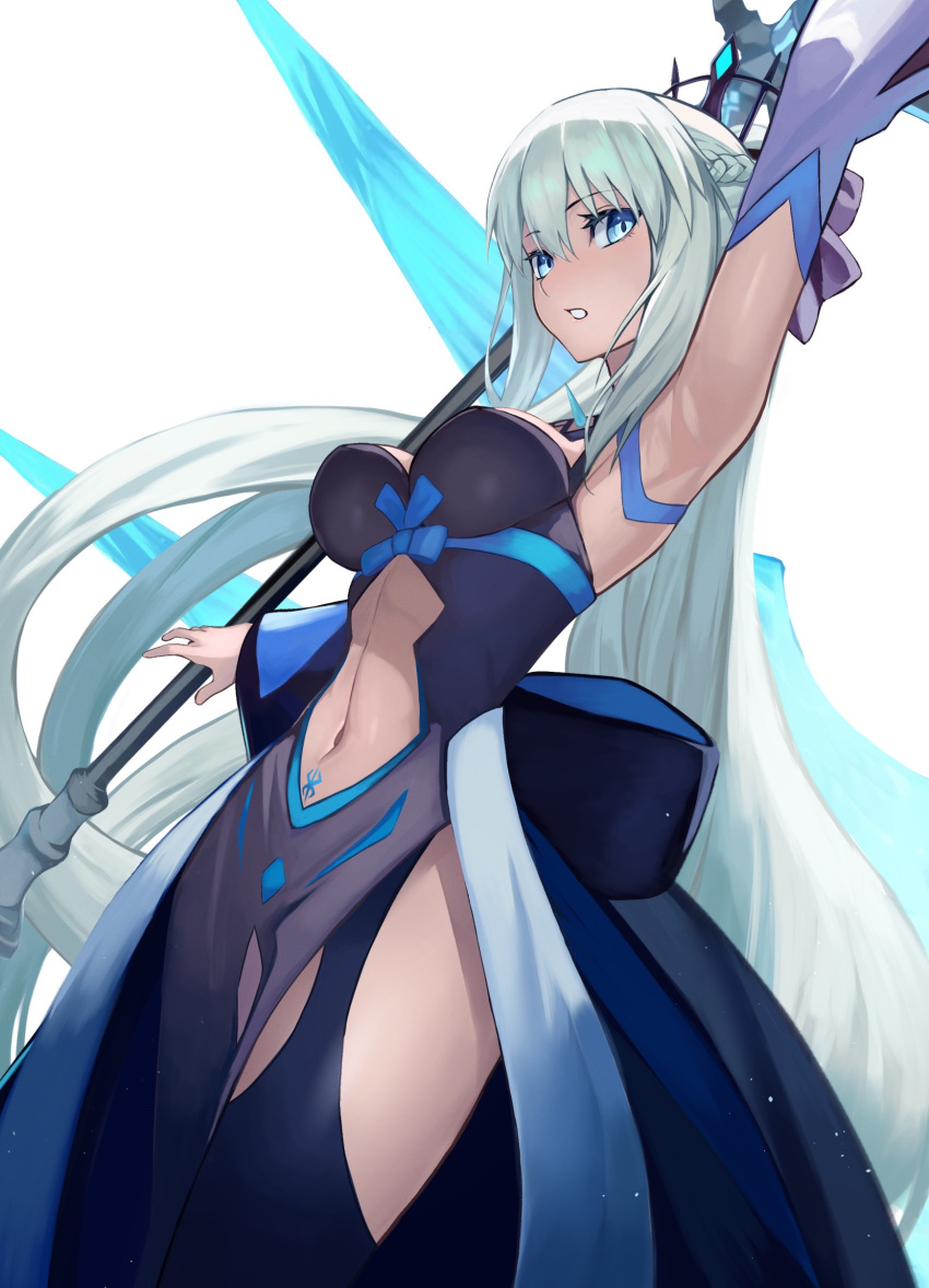 1girl absurdres arm_up black_bow black_dress black_thighhighs blue_eyes bow braid breasts center_opening cleavage dress fate/grand_order fate_(series) french_braid genshu_doki grey_hair hair_bow highres large_breasts long_hair long_sleeves looking_at_viewer morgan_le_fay_(fate) navel pelvic_curtain ponytail sidelocks solo spikes staff stomach_tattoo tattoo thighhighs thighs tiara two-tone_dress very_long_hair white_dress wide_sleeves