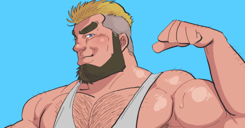 1boy bara beard biceps blonde_hair dark-skinned_male dark_skin facial_hair flexing full_beard highres huge_eyebrows large_pectorals male_focus mature_male multicolored_hair muscular muscular_male nipples original paid_reward_available pectoral_cleavage pectorals short_hair solo sparse_chest_hair tank_top thick_beard two-tone_hair undercut v-shaped_eyebrows white_tank_top zettoken