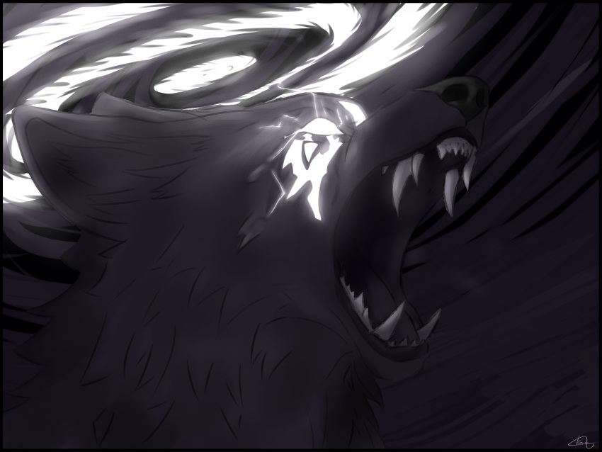 absurd_res anthro archangel beam black_body black_fur bright_eyes canid canine canis fur halo hi_res kamihzz light male mammal open_mouth solo white_eyes wolf yelling