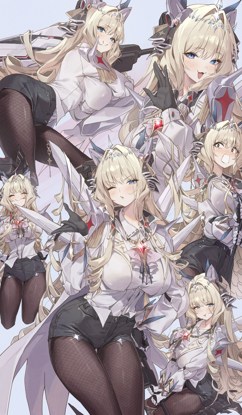 1girl :3 absurdres armored_gloves black_shorts blonde_hair blowing_kiss cape crown crown_(nikke) denim denim_shorts expressions fishnet_pantyhose fishnets goddess_of_victory:_nikke hair_ornament highres netural pantyhose pout shirt shorts solo surprised white_cape white_shirt wide-eyed