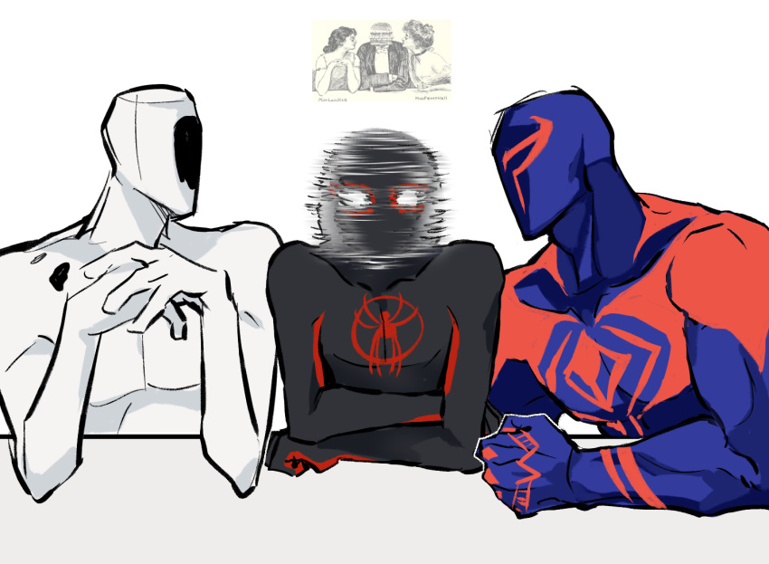 3boys afterimage arm_on_table blue_mask boy_sandwich elbows_on_table facing_another gugusam0 hole_in_head looking_around male_focus marvel meme miguel_o'hara miles_morales motion_blur multiple_boys parody sandwiched simple_background spider-man:_across_the_spider-verse spider-man_(2099) spider-man_(miles_morales) spider-man_(series) spider-verse spider_web_print spinning_head spot_(marvel) staring the_weaker_sex_1_(gibson) turning_head two-tone_bodysuit upper_body