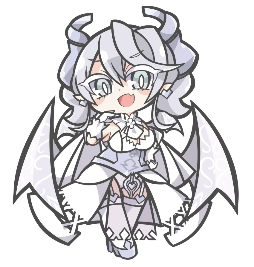 bare_shoulders blush_stickers breasts chibi cleavage commentary_request demon_girl demon_horns demon_wings detached_collar dress drill_hair duel_monster earrings fang full_body garter_straps grey_eyes grey_hair highres horns jewelry leotard looking_at_viewer lovely_labrynth_of_the_silver_castle low_wings medium_hair multiple_wings ojou-sama_pose open_mouth oquri pointy_ears see-through see-through_dress simple_background skin_fang strapless strapless_dress thighhighs twin_drills white_background white_dress white_leotard white_thighhighs wings yu-gi-oh!