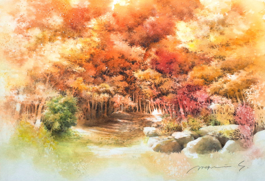 bush dappled_sunlight forest grass highres nature no_humans original painting_(medium) plant rock scenery shimizu_megumi_(m_acquerello) sunlight tall_grass traditional_media tree watercolor_(medium)