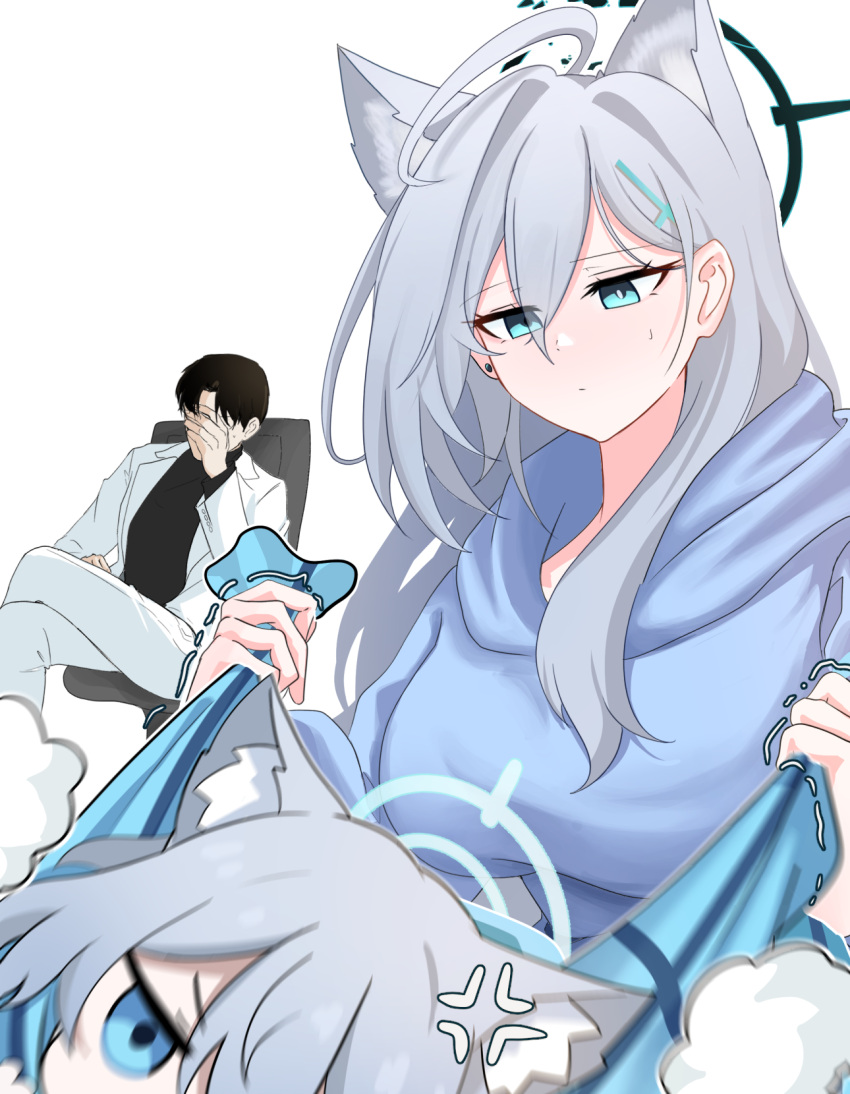 1boy 2girls ahoge alternate_costume animal_ear_fluff animal_ears black_hair blue_archive blue_eyes blue_scarf blue_sweater chair commentary_request covering_face crossed_legs disappointed dual_persona extra_ears grey_hair hair_between_eyes halo highres holding holding_clothes holding_scarf hood hooded_sweater long_hair long_sleeves looking_at_another medium_hair mismatched_pupils multiple_girls office_chair scarf sensei_(blue_archive) shiroko_(blue_archive) shiroko_terror_(blue_archive) sidelocks simple_background sitting skyrain315 sweatdrop sweater swivel_chair white_background wolf_ears wolf_girl