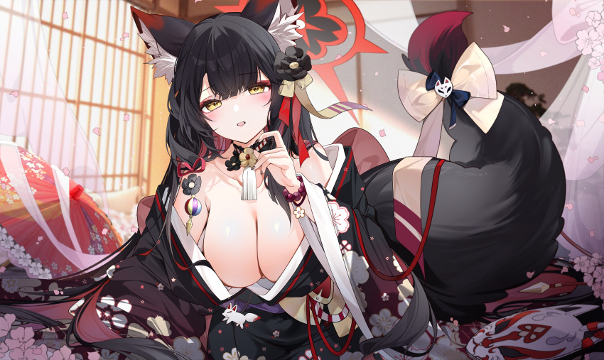 1girl animal_ears black_hair black_kimono blue_archive blush breasts colored_inner_hair eyeliner fox_ears fox_girl fox_tail hair_ornament halo highres japanese_clothes kimono large_breasts long_hair looking_at_viewer makeup multicolored_hair red_hair solo tail wakamo_(blue_archive) yellow_eyes yukineko1018