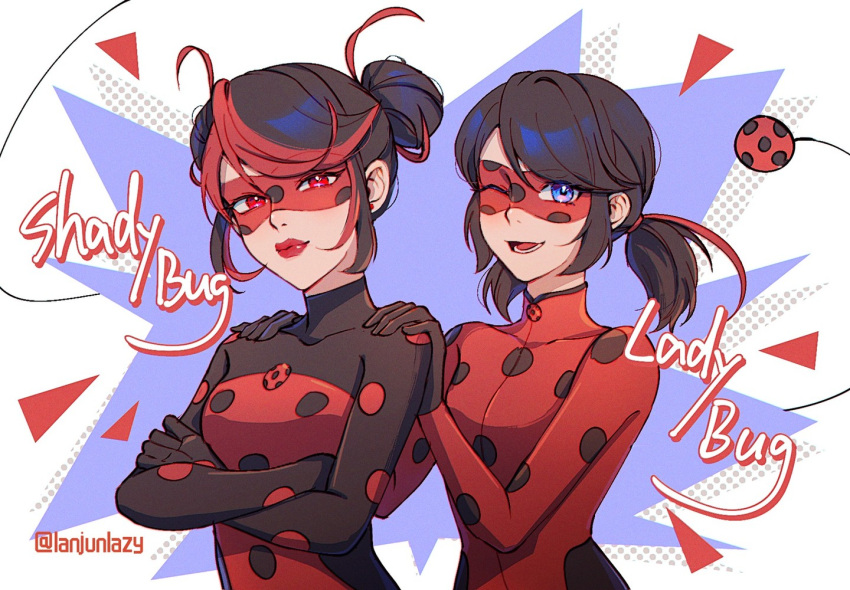 2girls black_hair blue_eyes bodysuit bug double_bun hair_bun ladybug ladybug_(character) lanjun_lazy marinette_dupain-cheng mask mask_on_head miraculous_ladybug multiple_girls one_eye_closed open_mouth polka_dot red_bodysuit red_eyes red_mask shadybug short_twintails smile superhero_costume twintails upper_body