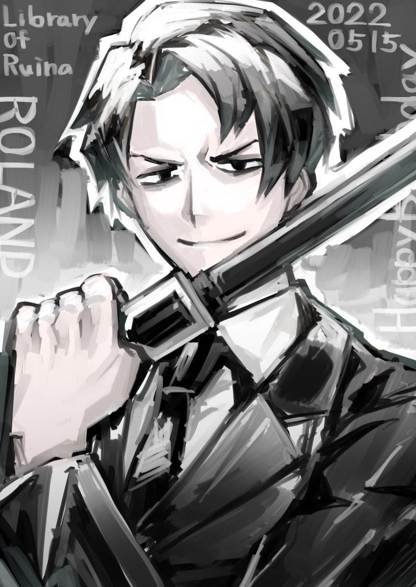 1boy black_eyes black_hair black_jacket black_necktie closed_mouth collared_shirt dated highres holding holding_sword holding_weapon jacket library_of_ruina long_sleeves looking_at_viewer necktie nyagaichi project_moon roland_(project_moon) shirt smile solo sword v-shaped_eyebrows weapon white_shirt wing_collar