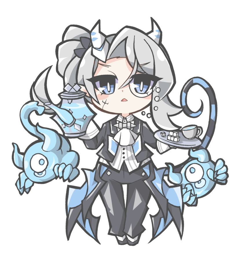 1girl arias_the_labrynth_butler ascot black_jacket black_pants black_suit blue_eyes blue_tail butler chibi collared_shirt commentary_request demon_girl demon_horns duel_monster female_butler full_body grey_hair highres holding horns jacket long_hair oquri pants shirt simple_background suit white_ascot white_background white_shirt yu-gi-oh!