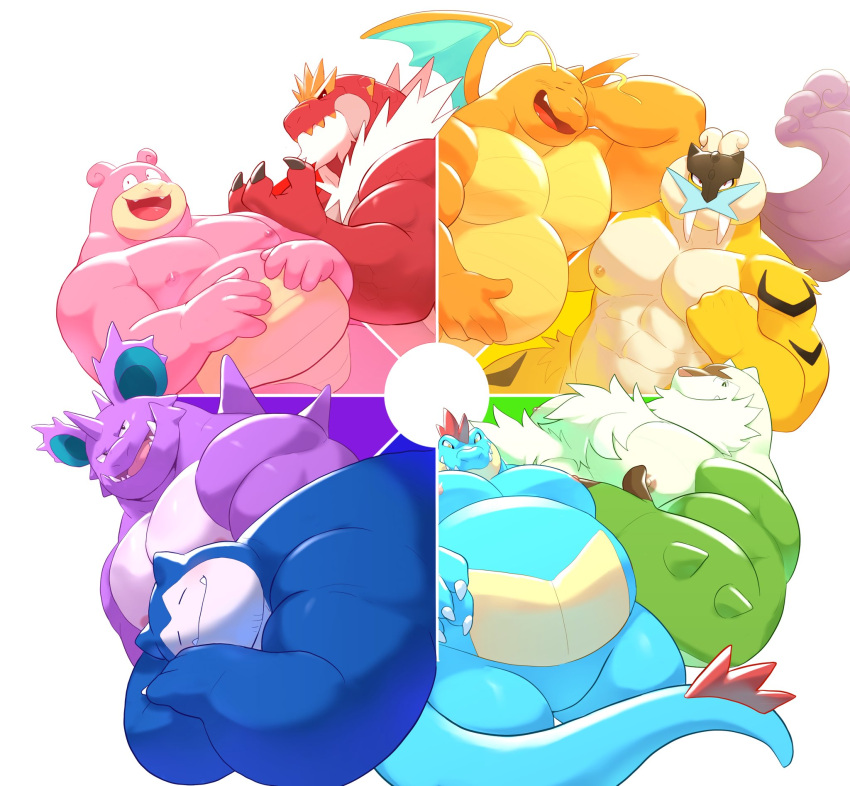 6+boys abs bara belly blush chesnaught claws clenched_hand closed_eyes closed_mouth color_wheel_challenge crocodilian_tail dogoronumber3 dragon_wings dragonite english_commentary facing_viewer fangs fangs_out fat feraligatr furry furry_male hand_on_own_stomach hands_on_own_stomach highres horns looking_at_viewer male_focus multiple_boys multiple_drawing_challenge muscular muscular_male nidoking nipples open_mouth pectorals pokemon pokemon_(creature) profile raikou slowpoke smile snorlax tail tyrantrum white_background wings