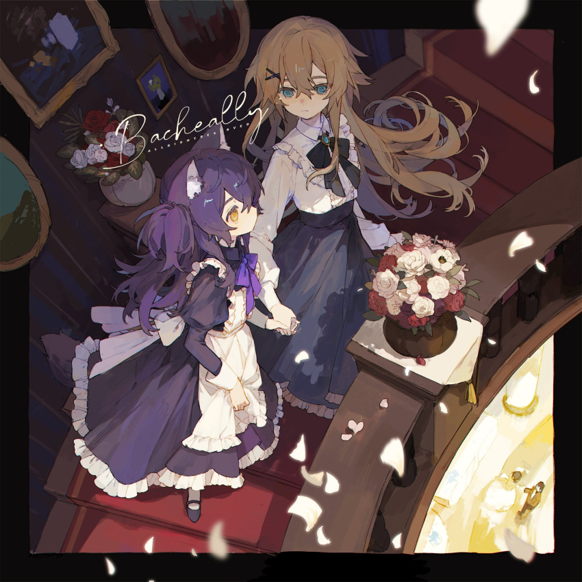 2girls animal_ears apron bouquet closed_mouth dress frilled_dress frilled_shirt frills highres holding_hands indoors juliet_sleeves long_sleeves looking_at_another maid maid_apron multiple_girls necktie non-web_source petals puffy_sleeves purple_hair shirt stairs vase wolf_ears yellow_eyes