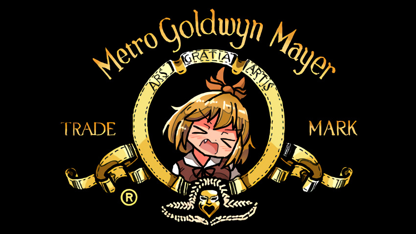 &gt;_&lt; 1girl blonde_hair closed_eyes english_text fang hair_ornament highres kasuya_baian latin_text metro-goldwyn-mayer open_mouth parody roaring short_hair solo toramaru_shou touhou upper_body v-shaped_eyebrows