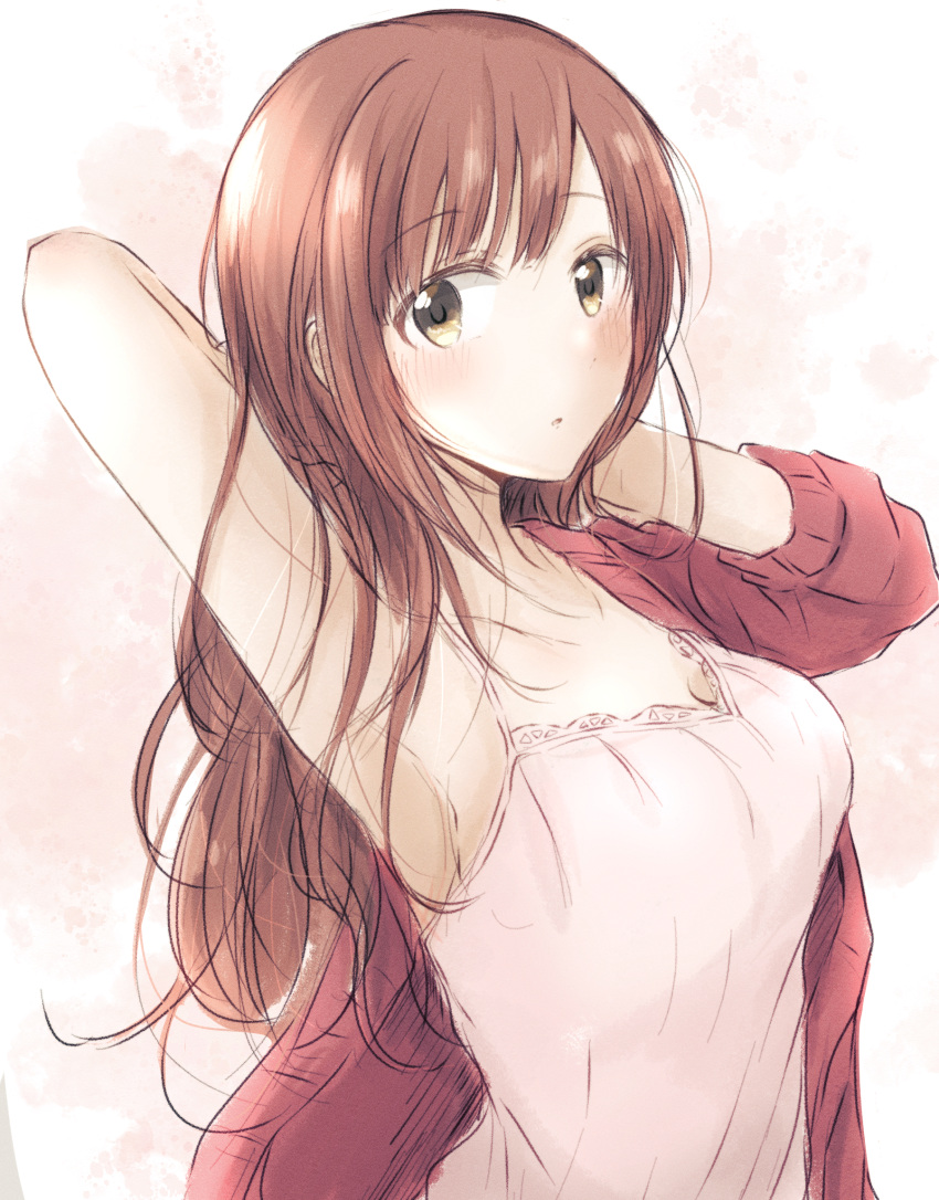 1girl arm_out_of_sleeve arm_up armpits arms_behind_head baran._(ba_ra_ran) blush breasts brown_background brown_hair camisole cardigan cleavage collarbone hair_down highres idolmaster idolmaster_cinderella_girls igarashi_kyoko long_hair long_sleeves looking_at_viewer medium_breasts pink_camisole red_cardigan solo swept_bangs upper_body watercolor_background white_background yellow_eyes