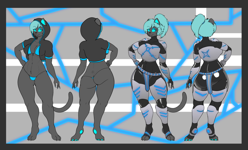 absurd_res anthro armor at'harka_(jackwolf) bikini black_body black_fur blue_eyes blue_hair blue_paws bottomwear breasts butt clothing felid female fur hair hi_res hoodie latex loincloth mammal model_sheet mrferret pantherine ponytail smile solo swimwear topwear