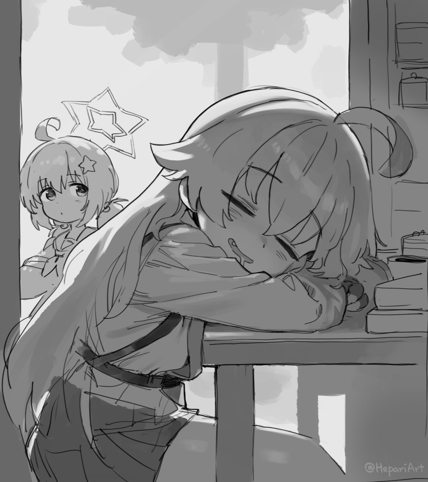 2girls ahoge blue_archive blush closed_eyes english_commentary fang greyscale hair_between_eyes hair_ornament halo hepari highres hoshino_(blue_archive) long_hair long_sleeves low_twintails monochrome multiple_girls open_mouth pleated_skirt reisa_(blue_archive) saliva shirt sketch skirt sleeping sleeping_upright star_(symbol) star_hair_ornament twintails twitter_username very_long_hair