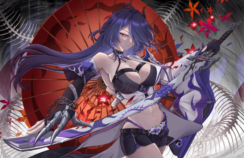 1girl acheron_(honkai:_star_rail) armor bandaged_arm bandages belt black_belt black_choker black_gloves black_shorts breasts chain chain_around_arm choker cleavage coat coattails cowboy_shot detached_sleeves flower gloves hair_ornament hair_over_one_eye highres holding holding_sword holding_weapon honkai:_star_rail honkai_(series) katana large_breasts laubun long_hair looking_at_viewer midriff multicolored_hair navel oil-paper_umbrella purple_eyes purple_hair red_flower scabbard sheath sheathed shorts shoulder_armor single_bare_shoulder solo streaked_hair sword thighs umbrella very_long_hair weapon white_coat