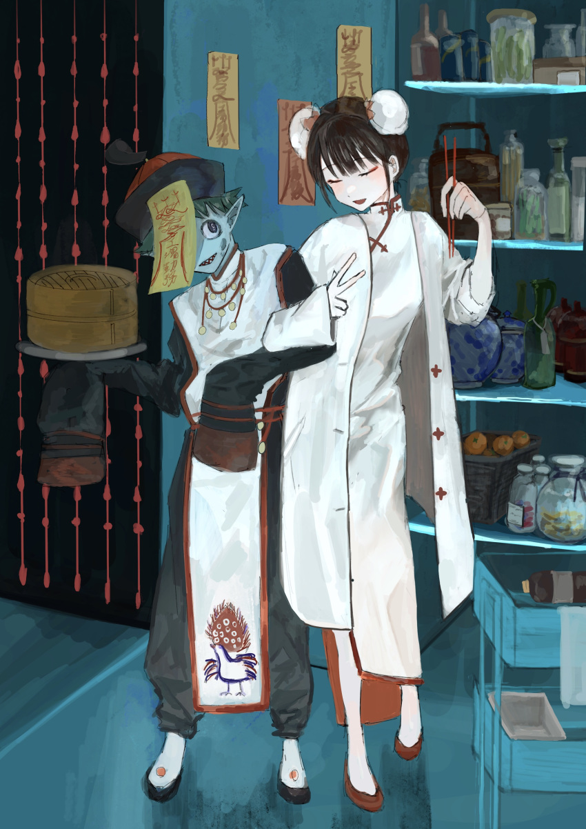 1boy 1girl absurdres basket black_footwear blue_skin bottle brown_hair bun_cover china_dress chinese_clothes chopsticks closed_mouth colored_skin dining_room dr._suzu_(mili) dress food fruit green_hair grey_eyes hat highres holding holding_chopsticks holding_plate jacket jar jiangshi jiangshi_costume locked_arms looking_at_viewer mili_(band) ofuda ofuda_on_head open_clothes open_jacket open_mouth orange_(fruit) plate qc_(mili) qingdai_guanmao red_footwear sharp_teeth short_hair sleeves_past_fingers sleeves_past_wrists smile teeth user_zppp8278 v vase white_dress white_jacket