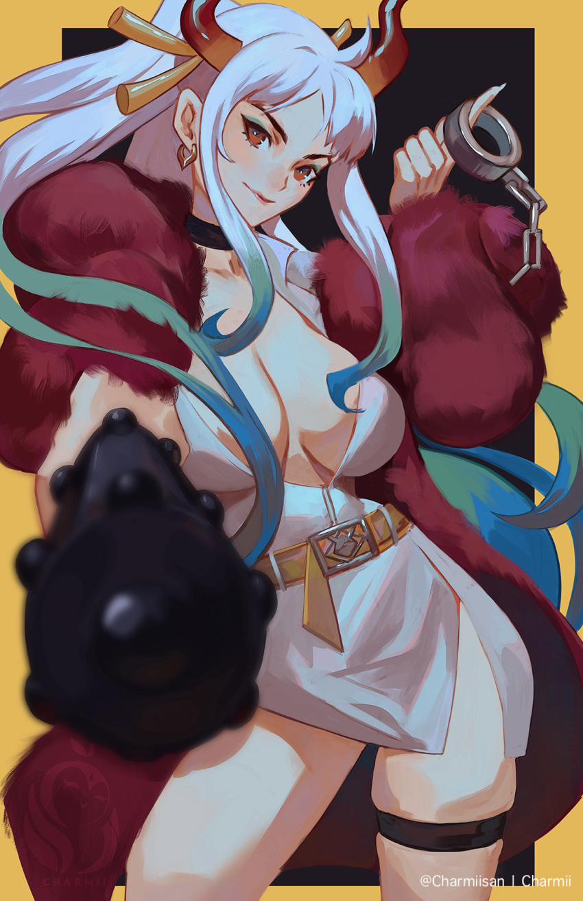 1girl aiming aiming_at_viewer belt black_background blue_hair border charmiisan choker closed_mouth club_(weapon) coat cowboy_shot cuffs dress earrings floating_hair fur_coat green_background hair_ornament handcuffs highres holding holding_handcuffs holding_weapon horns jewelry kanabou looking_at_viewer multicolored_hair one_piece orange_eyes plunging_neckline ponytail red_horns sidelocks smile solo thigh_strap twitter_username weapon white_dress yamato_(one_piece) yellow_belt yellow_border